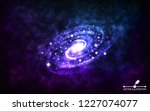 Spiral galaxy on space background. Realistic abstract galaxy with color nebula. Cosmic backdrop with stardust and shining stars. Bright colorful milky way for banner, poster, advertising. Vector