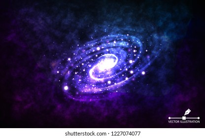 Spiral Galaxy On Space Background. Realistic Abstract Galaxy With Color Nebula. Cosmic Backdrop With Stardust And Shining Stars. Bright Colorful Milky Way For Banner, Poster, Advertising. Vector