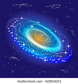 The Spiral Galaxy Shining in the Center. Star Background. Suitable for textile, fabric, packaging and web design. Vector Illustration.