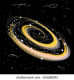 The Spiral Galaxy with Shining Stars. Space  Background. Suitable for textile, fabric, packaging and web design. Vector Illustration.