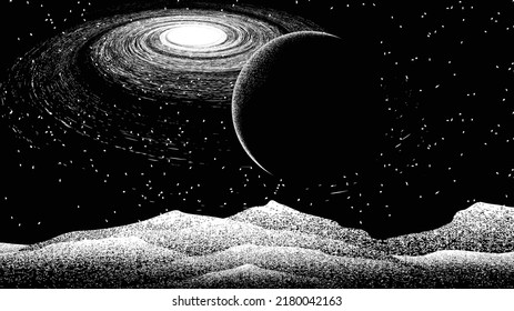 Spiral galaxy in space. Futuristic landscape, with noise texture . Night landscape .Vector illustration