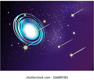 spiral galaxy and sparkling nights sky with comets stars and dark space view