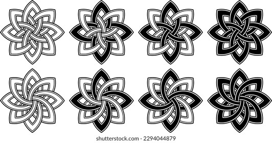 Spiral geometric ornament set. Stylized contour and filled ornaments. Tattoo, print, engraving, design elements