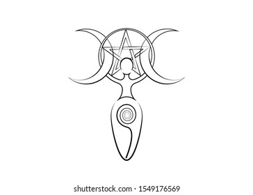 Spiral Goddess Of Fertility And Triple Moon Wiccan. The Spiral Cycle Of Life, Death And Rebirth. Wicca Pentacle, Woman Mother Earth Symbol Of Sexual Procreation, Vector Tattoo Sign Icon Isolated  