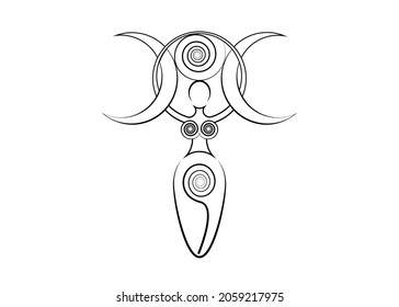 spiral goddess of fertility and triple moon Wiccan. The spiral cycle of life, death and rebirth. Woman Wicca mother earth symbol of sexual procreation, chakra sign vector isoalted on white background 
