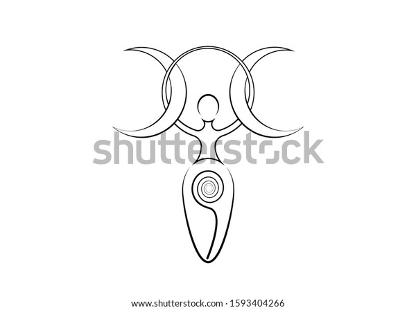 spiral goddess of fertility and triple moon wiccan. The
spiral cycle of life, death and rebirth. Woman wicca mother earth
symbol of sexual procreation, vector tattoo sign icon isolated on
white 