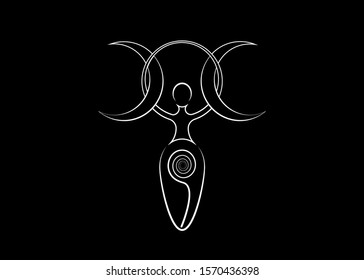 spiral goddess of fertility, Wiccan Pagan Symbols Triple moon. The spiral cycle of life, death and rebirth. Wicca mother earth symbol of sexual procreation, vector tattoo sign icon isolated on black