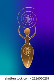 spiral goddess of fertility, Wiccan Pagan Symbols, The spiral cycle of life, death and rebirth. Wicca woman mother earth symbol of sexual procreation, gold vector isolated on blue gradient background