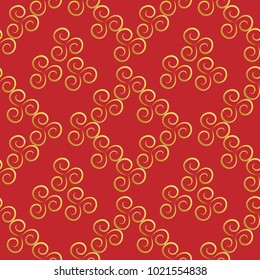 Spiral gold on a red background. Seamless pattern. Abstract texture. For background, fabric, wallpaper.