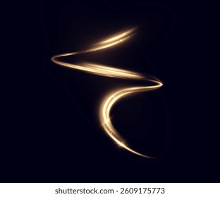 Spiral golden light trail with glowing edges and smooth motion blur on dark background. Vector for magic effects, fantasy visuals, digital design, energy flows and abstract compositions.