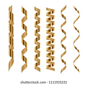 Spiral golden serpentine set isolated on white background. Vector illustration. Gold ribbons for holiday design