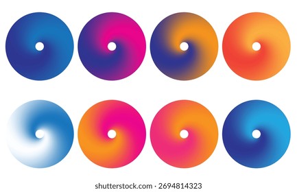 “Vibrant spiral gradient circles in bold blue, pink, orange hues. Abstract swirl vector design set ideal for logo, background, modern art, or creative graphics.”