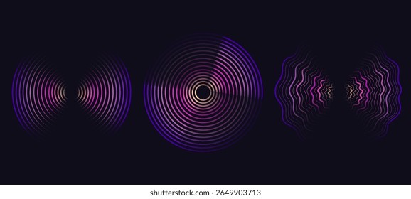 Ritmo circular de la onda de sonido del gradiente espiral en el fondo oscuro. Símbolo dinámico musical con líneas.