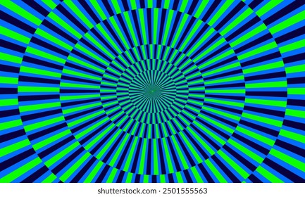 Una espiral de rayas verdes y azules. Los colores son brillantes y audaces. La espiral es de forma casi circular