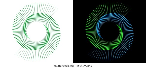 Spiral with green colors lines on white background and blue-green  on black background as dynamic abstract vector background or logo or icon. Yin and Yang symbol. Ecology or Modern Art concept.