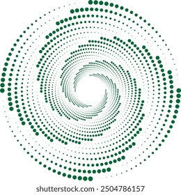 Forma de patrón geométrico punteado verde espiral.
Patrón de espiral verde Vector con puntos aislados en blanco.
