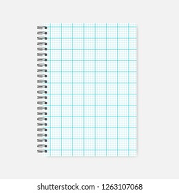 Spiral grid lined notebook, realistic mock-up. Wire bound cross section squared paper notepad template. A4 diary, mockup.