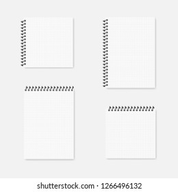 Spiral grid lined notebook, realistic mockup. Wire bound A4 and square graph ruled paper notepads. Mock-up set. Side and top springs.