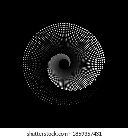 Spiral halftone background logo design, round dots texture geometric Op Art dotted circles. Trendy White vortex element isolated for frame, icon, business sign, symbol, web, prints, posters, template