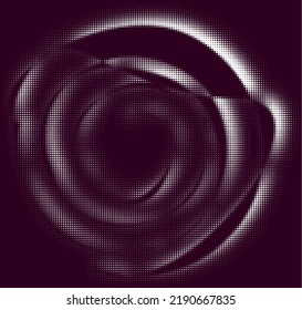 A spiral halftone contour with a funny fold of completely limpid dots, strokes, polka dots, dotted lines on a blueberry background. Stencil, scantling. Vector.