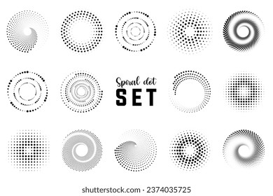 Spiral halftone dot element collection. Black spiral decoration. Circle spiral texture