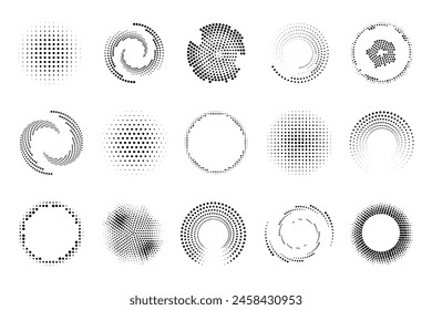 Spiral halftone dot element collection. Black spiral decoration. Circle spiral texture