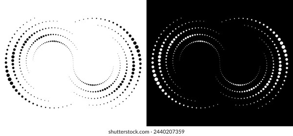 Spiral as halftone dotted abstract infinity symbol. Black shape on a white background and the same white shape on the black side. svg
