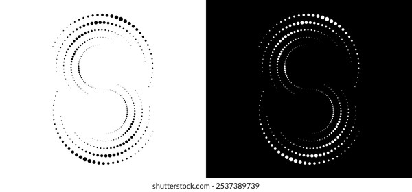 Spiral as halftone dotted abstract infinity symbol. Black shape S letter on a white background and the same white shape on the black side.