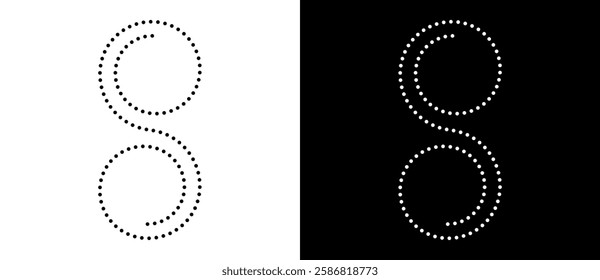Spiral as halftone dotted abstract infinity symbol. Black shape S letter on a white background and the same white shape on the black side.