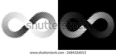 Spiral as halftone dotted abstract infinity symbol. Black shape on a white background and the same white shape on the black side.