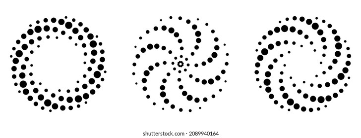 Spiral Halftone Pattern Set. Black Dots in Circle on White Background. Round Swirl Minimalistic Template. Twirl Abstract Modern Design. Vector Illustration.