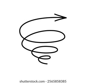 Spiral hand drawn arrow. Curly line doodle black arrow. Funny design infographic element. Spiral spring pointer. Vector illustration isolated on white background.