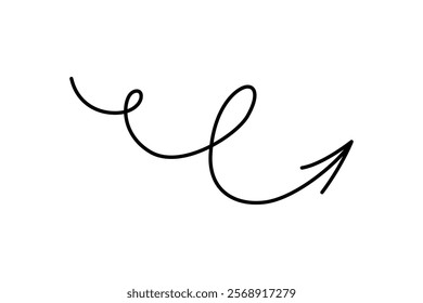 Spiral hand drawn arrow. Curly line doodle black arrow. Funny design infographic element. Spiral spring pointer. Vector illustration isolated on white background.