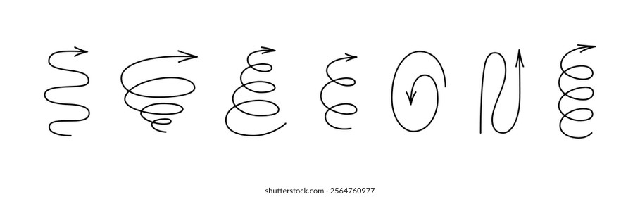 Spiral hand drawn arrows set. Curly line doodle black arrows. Funny design infographic elements. Spiral spring and zig zag pointer. Vector illustrations isolated on white background.