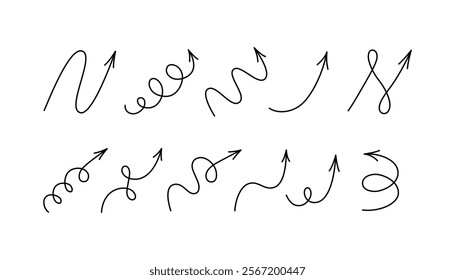 Spiral hand drawn arrows set. Curly line doodle black arrows. Funny design infographic elements. Spiral spring and zig zag pointer. Vector illustrations isolated on white background.