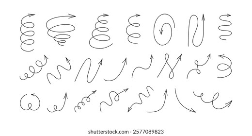 Spiral hand drawn arrows set. Curly line doodle black arrows. Funny design infographic elements. Spiral spring and zig zag pointer. Vector illustrations isolated on white background.