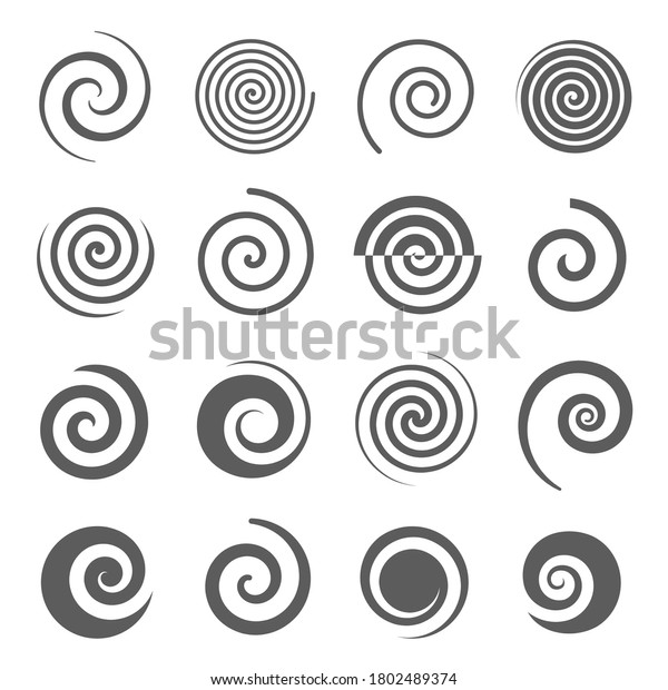 Spiral, helix line and bold black silhouette icons\
set isolated on white. Curl, curve stripe, twirl pictograms\
collection. Vortex, whirlpool, volute, swirl vector elements for\
infographic, web.