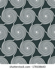 Spiral hexagonal lines seamless pattern, black and white vector background.