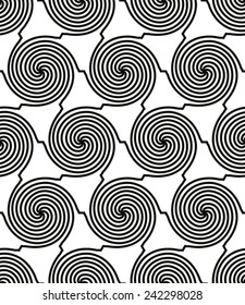 Spiral hexagonal lines seamless pattern, black and white vector background.