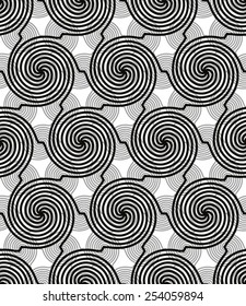 Spiral hexagonal lines seamless pattern, black and white vector background.