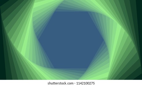 Spiral hexagons. Style of multi-layers of gradient green and blue with space on center for text. Abstract background concept