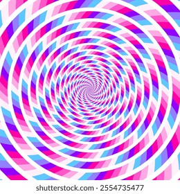 Spiral hypnotic swirl background, optical illusion of movement, vector illustration opt art style, colorful abstract geometric, multicolored psychedelic background, blue pink white colors