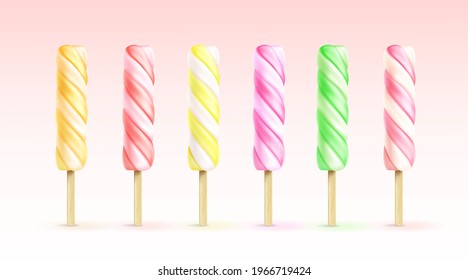 Spiral ice cream, fruit popsicle on wooden stick. Vector realistic set of twisted frozen juice isolated on white background. Summer cold dessert from strawberry, lemon, orange and milk