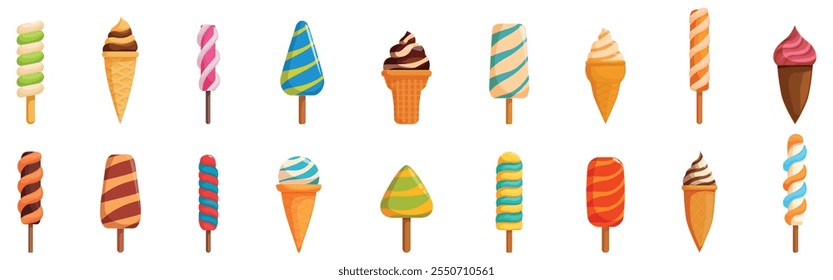 Spiral ice cream icons set. Delicious frozen treats offer a sweet escape from the summer heat, with various flavors and forms