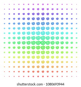 Spiral icon rainbow colored halftone pattern. Vector spiral items organized into halftone grid with vertical spectrum gradient. Designed for backgrounds, covers and abstraction effects.