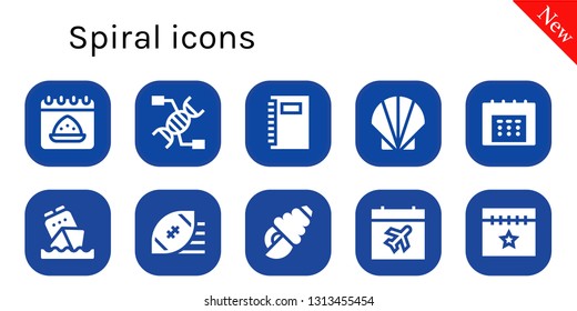spiral icon set. 10 filled spiral icons.  Collection Of - Calendar, Dna, Notebook, Seashell, Rugby ball