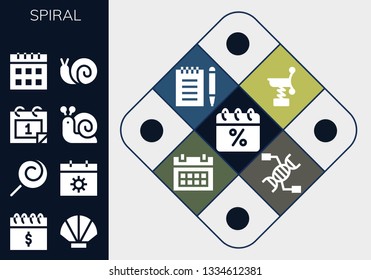 spiral icon set. 13 filled spiral icons.  Simple modern icons about  - Calendar, Seashell, Lollipop, Snail, Spring, Notepad, Dna