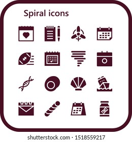 spiral icon set. 16 filled spiral icons.  Collection Of - Calendar, Notepad, Wind, Rugby ball, Tornado, Genetic, Gummy, Seashell, Stick candy, Dna icons