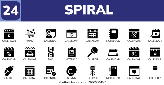 spiral icon set. 24 filled spiral icons.  Collection Of - Calendar, Wind, Notebook, Dna, Notepad, Lollipop, Seashell, Gummy