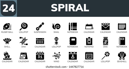 spiral icon set. 24 filled spiral icons.  Simple modern icons about  - Rugby ball, Lollipop, Suspension, Snail, Notebook, Calendar, Shell, Dna, Notepad, Wind, Seashell